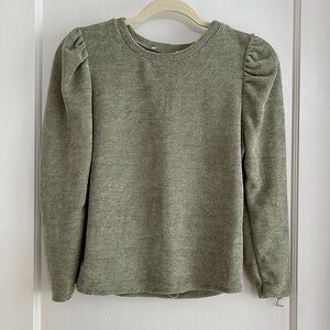 XS Moss Green Puff Sleeve Textured Crewneck Long Sleeved Top